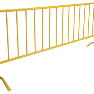 The Vestil Yellow Barrier W/Curved Feet is a stylish crowd control tool with vertical bars and angled legs for stability. It has a hook on one side for easy connection of multiple barriers, against a white background.