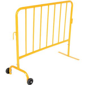 The Vestil Yellow Barrier 48 W/Feet, featuring a flat and a wheeled support leg, offers easy mobility. Its vertical bars and hook latch provide secure connections with other barriers, making it ideal for crowd control.