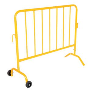 The Vestil Yellow Barrier 48 W/Feet combines practicality and durability with its curved design, vertical bars, two wheels on one side for mobility, and a stabilizing foot for secure crowd control placement.