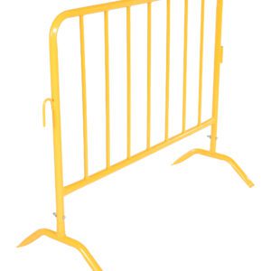 The Vestil Yellow Barrier 48 W/Curved Feet features a stable design with vertical bars and wide, angled supports. Perfect for crowd control at public events or construction sites, it offers a blend of utility and durability in a simple structure.