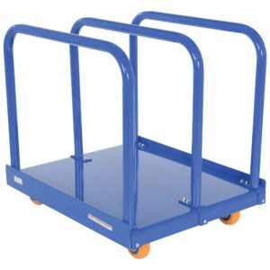The Vestil Heavy Duty Panel Cart 4K 5X2 Poly (Orange) has orange wheels and three vertical bars for transporting flat items like panels or boards. This blue industrial cart ensures stability and mobility with its robust construction.
