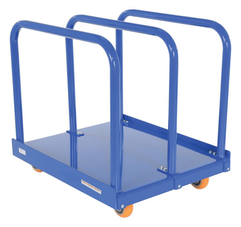 The Vestil Heavy Duty Panel Cart 4K 5X2 Poly (Orange) has orange wheels and three vertical bars for transporting flat items like panels or boards. This blue industrial cart ensures stability and mobility with its robust construction.