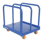 The Vestil Heavy Duty Panel Cart 4K 6X2 Poly (Orange) features a sturdy blue steel design with four orange wheels and three vertical handles, easily supporting up to 4K loads.
