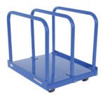 The Vestil Heavy Duty Panel Cart 4K 4X2 Gfn has a blue metal design with four curved handles, a flat base for transporting large sheets or panels, and is equipped with four wheels for excellent mobility in heavy-duty tasks.