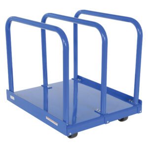 The Vestil Heavy Duty Panel Cart 4K 4X2 Gfn has a blue metal design with four curved handles, a flat base for transporting large sheets or panels, and is equipped with four wheels for excellent mobility in heavy-duty tasks.