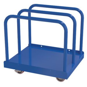 The Vestil Heavy Duty Panel Cart 4K 29.5 x 36 features a blue metal platform, three vertical handles, and four caster wheels, ideal for efficiently transporting flat materials such as boards or panels.