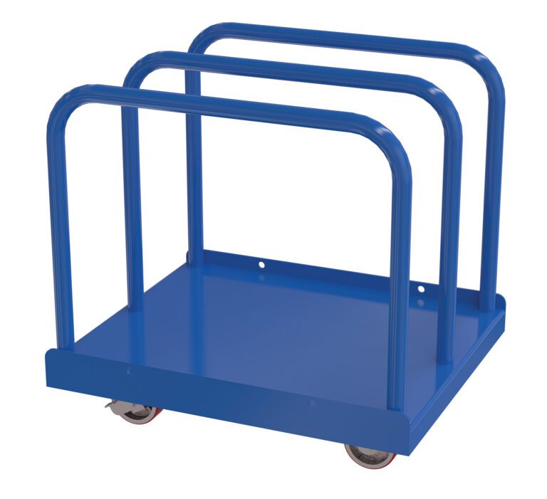 The Vestil Heavy Duty Panel Cart 4K 29.5 x 36 features a blue metal platform, three vertical handles, and four caster wheels, ideal for efficiently transporting flat materials such as boards or panels.
