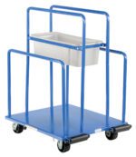 The Vestil Panel Cart 2000 Lb Capacity 30 X 26 boasts a sturdy blue metal frame and four casters, supporting a gray plastic bin. Designed for efficiency with multiple vertical bars and a flat base, it easily handles heavy loads with its 2000 lb capacity and dimensions of 30 x 26 inches.