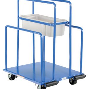The Vestil Panel Cart 2000 Lb Capacity 30 X 26 boasts a sturdy blue metal frame and four casters, supporting a gray plastic bin. Designed for efficiency with multiple vertical bars and a flat base, it easily handles heavy loads with its 2000 lb capacity and dimensions of 30 x 26 inches.