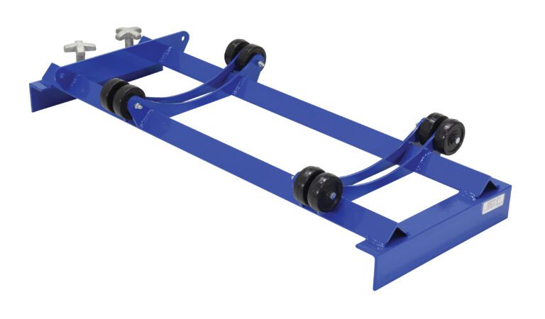 PRDC-42-R_A.jpg The Vestil Pallet Rack Drum Roller Cradle with blue metal frame and black rubber wheels is ideal for moving heavy objects. With two curved bars and threaded knobs for adjustment, it fits effortlessly in a standard indoor setting.