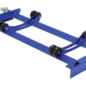 The Vestil Pallet Rack Drum Roller Cradle with blue metal frame and black rubber wheels is ideal for moving heavy objects. With two curved bars and threaded knobs for adjustment, it fits effortlessly in a standard indoor setting.