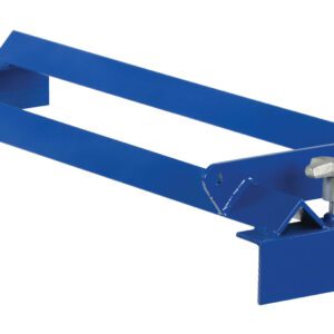 The Vestil Pallet Rack Drum Cradle is a blue metal bracket with two long parallel bars and a flat base, featuring two bolt fasteners for secure support, ideal for structural and mounting applications.