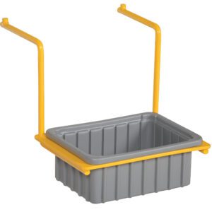 The gray plastic rectangular bin, similar to a Vestil Pallet Drum Cradle Option - Drip Pan, is suspended by two yellow metal rods, creating an efficient hanging storage solution with raised edges for functionality.