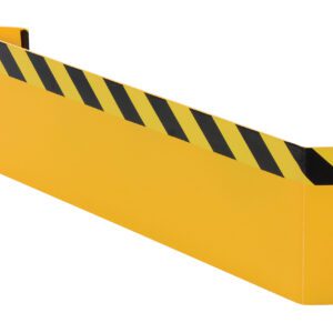A Vestil Pallet Rack End Guard, featuring a yellow design with black diagonal stripes along the top edge for safety, set against a white background.