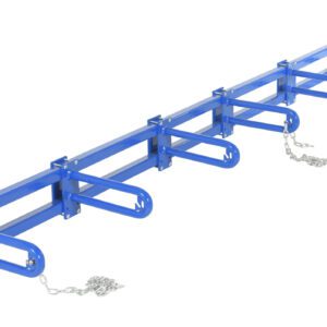 The blue industrial safety barrier gate, with horizontal arms and securing chains, is designed to control access. It mirrors the robust efficiency of a Vestil Vertical Bar Storage Rack in both form and function.