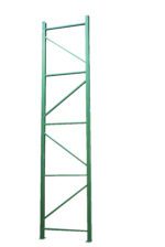 The Vestil Pallet Racking Frame 24,000 Lb 120 X 42 is a green metal shelving unit with vertical supports and diagonal crossbars, designed for heavy-duty storage or industrial use. It features a robust structure and is shown on a white background.