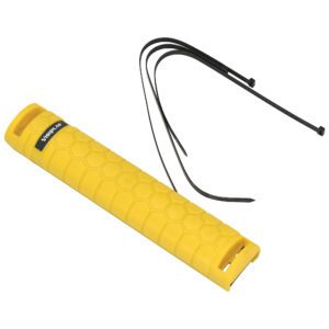 A Vestil High Impact Plastic Upright Rackguard 20 with a yellow honeycomb pattern is next to four black zip ties.