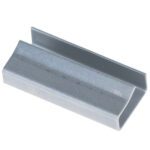The MH-USA 1/2 Open/Snap On Metal Poly Strapping Seals (1000/Case) have a gray, metallic U-shaped design with a flat base and angled sides, offering a smooth finish for secure application.