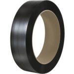 A roll of MH-USA 1/2 x .021 x 9000 black, embossed polypropylene hand grade strapping with a 16 x 6 core stands upright against a white background, showcasing its durability for binding or packaging needs.