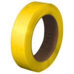 A coil of MH-USA 1/2 x .031 x 7200 Yellow Hand Grade Polypropylene Strapping, with a brown core, is positioned upright against a plain white background.