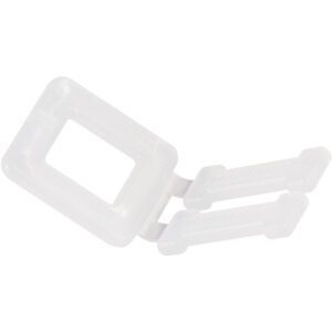 A translucent white plastic bag clip with two rectangular clasping parts and a hinge, similar in design to MH-USA 1/2 Plastic Buckles Poly Strapping Buckles (1000/Case), ideal for secure item fastening.