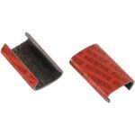 Two red 1/2 Signode® Sandpaper Seals with SIGNODE printed in black. One is upright, the other flipped, showing its textured interior. Sold in cases of 1000, these seals ensure secure and reliable strapping for packaging needs.