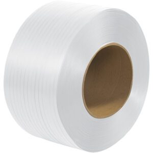 A large roll of MH-USA 1/2 x 7200, featuring an 8 x 8 core and ribbed texture, is displayed against a white background. The machine-grade polypropylene strapping, embossed for durability, is tightly coiled.