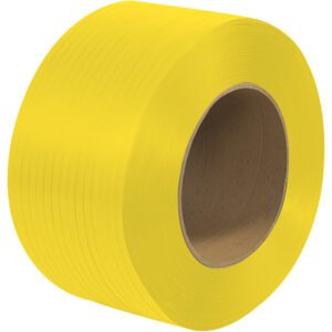 A large roll of bright yellow packaging tape with a visible cardboard core is shown against a plain white background. The tape, similar to MH-USA 1/2 x 9000 - 9 x 8 Core Machine Grade Polypropylene Strapping - Embossed, is unwound, displaying its smooth and glossy surface.