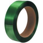 The MH-USA 1/2 x 5800 - 16 x 6 Core Polyester Strapping is coiled around a cardboard core, featuring a green, shiny, and smooth plastic surface ideal for secure bundling.