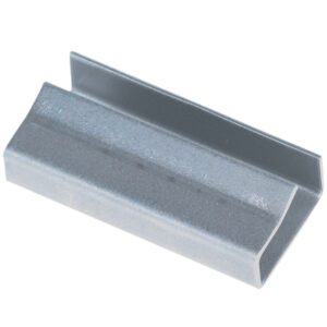 Angled view of a smooth, shiny gray metal U-shaped channel bracket compatible with MH-USA 5/8 Open/Snap On Metal Poly Strapping Seals (1000/Case) for secure fastening.