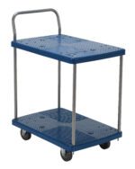 The Vestil Plastic Platform Truck-2 Shelf 500 Lb, in blue, includes two ribbed platforms for added grip, metal handles, and four swivel wheels, ideal for transporting items across various settings.