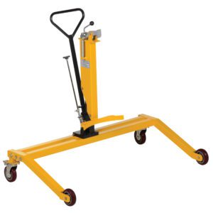 The Vestil Pallet Straddling Drum Truck 550 Lb, in yellow with a black handle, is designed for moving and lifting heavy items. It features a 550 lb capacity, four wheels for easy mobility, and a sturdy metal frame with a vertical lifting mechanism.