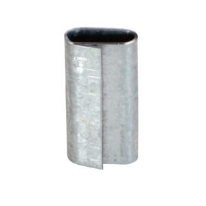 A silver metallic oval-shaped ferrule with a side slit, resembling Vestil Poly Strapping Seals 1000 Pcs in precision, is shown on a plain white background.