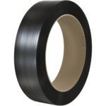A 7/16 x 7000 black polypropylene strapping tape with a 16 x 6 cardboard core offers smooth, hand-grade quality comparable to Signode®, featuring subtle horizontal lines, set against a plain white background.