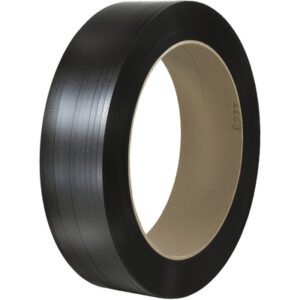 A 7/16 x 7000 black polypropylene strapping tape with a 16 x 6 cardboard core offers smooth, hand-grade quality comparable to Signode®, featuring subtle horizontal lines, set against a plain white background.