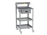 The Little Giant Shop Desk is a gray metal utility cart with a slanted top shelf, drawer, and two flat shelves. Equipped with four caster wheels for easy mobility.