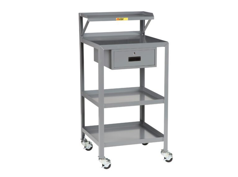 The Little Giant Shop Desk is a gray metal utility cart with a slanted top shelf, drawer, and two flat shelves. Equipped with four caster wheels for easy mobility.