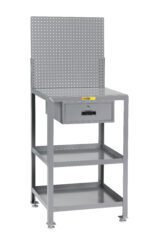 The Little Giant Shop Desk is a gray metal workbench with a perforated pegboard back, lockable drawer, and two shelves. It stands on four sturdy legs with adjustable feet, offering functionality and durability for any workspace.