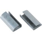 The image shows two silver crimp sleeves resembling MH-USA 1/2 Serrated Open/Snap On Polyester Strapping Seals (1000/Case). One is closed, and the other open, revealing its textured interior. They have a metallic finish and are used for securing wires or cables.