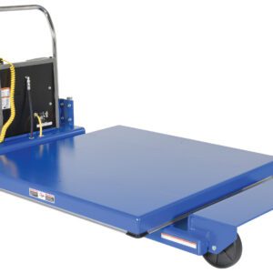 A blue electric platform cart features a four-wheel design, metal handle, and control box with a yellow coiled cable. Inspired by the Vestil Heavy Duty Portable Lift Table 1K 46 In, it has a flatbed that is ideal for effortlessly transporting heavy items.