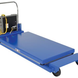 The Vestil Hd Portable Scissor Lift Table 2K 58 In combines modern utility and design, showcasing a blue industrial platform cart with a handlebar, four wheels, and a black control box with yellow coiled cables. Its sturdy rectangular platform is ideal for heavy-duty tasks.