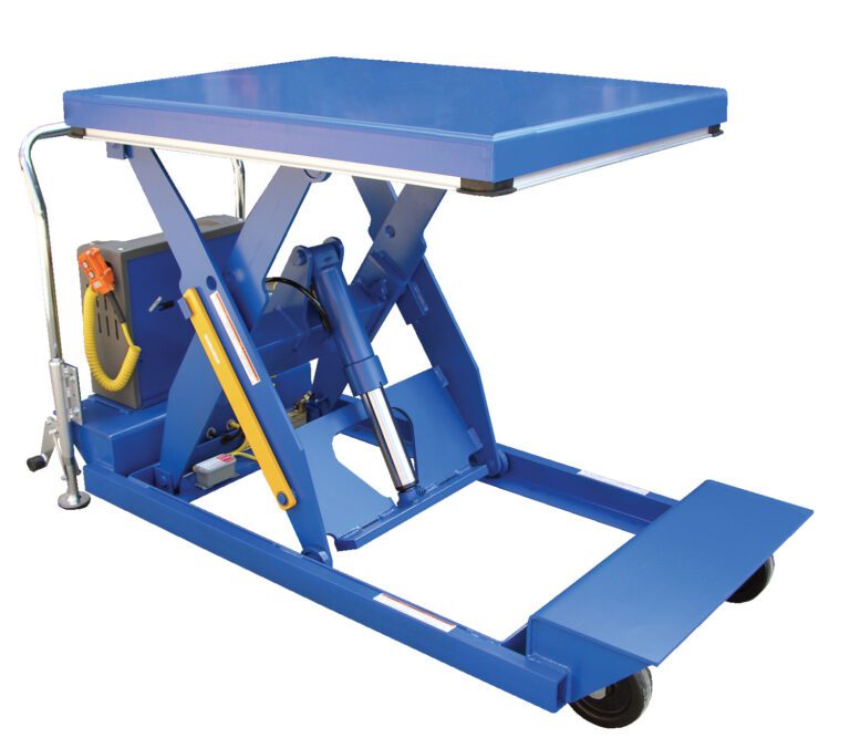 PST-2448-1-46_A.jpg The Vestil HD Portable Scissor Lift Table 1K 24X48 is a blue, wheeled lift with yellow hydraulics, featuring a flat surface perfect for lifting and transporting heavy items in industrial settings.
