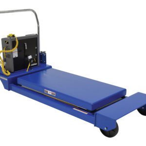 The Vestil HD Portable Scissor Lift Table 3K 24X48 in blue has a flat platform, metal handle, and control box with coiled yellow cable. It’s designed for easy mobility, rolling smoothly on four wheels.