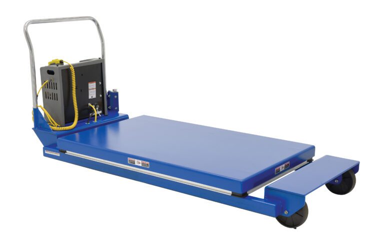 PST-3-46_A.jpg A blue industrial dolly like the Vestil Hd Portable Scissor Lift Table 3K 46 In, featuring a rectangular platform, four black wheels, a rear metal handlebar, and control box with yellow cables. Its flat and sturdy surface is ideal for transporting heavy items efficiently.