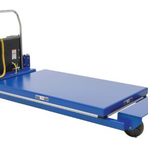 A blue industrial dolly like the Vestil Hd Portable Scissor Lift Table 3K 46 In, featuring a rectangular platform, four black wheels, a rear metal handlebar, and control box with yellow cables. Its flat and sturdy surface is ideal for transporting heavy items efficiently.