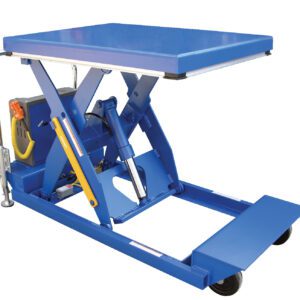 The Vestil HD Portable Scissor Lift Table 4K 60 In is a blue hydraulic table with wheels, a foot pedal, and control panel designed for lifting and moving heavy objects effortlessly.