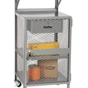 A gray metal mesh storage cart on wheels, similar to a Little Giant Shop Desk, includes a top shelf with a small drawer and warning label, a lockable mesh door, and two inner shelves holding a box and an orange cylinder.