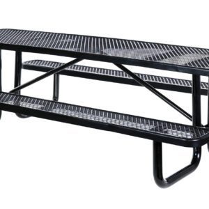 The Vestil Picnic Table Exp Metal Top 3072 in black features a spacious design, with an elegant diamond-patterned rectangular tabletop and matching benches, all supported by durable tubular legs.