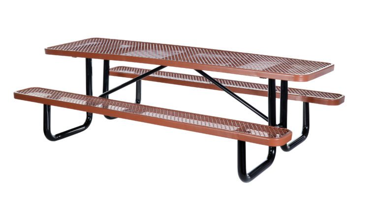 The Vestil Picnic Table Exp Metal Top 3096 Brown features a sleek, long rectangular design with attached benches and perforated metal surfaces. Supported by sturdy black legs, it combines functionality and style for any outdoor setting.