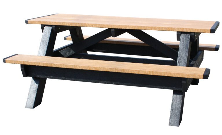 The Vestil Picnic Table Poly Aframe 2872 Bk Leg Cedar Top features a cedar top and benches with a classic A-frame design, sturdy black legs for durability, making it ideal for any outdoor setting.